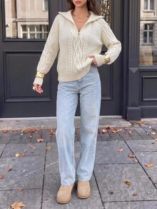 EMERY ROSE Cable Knit Half Zip Sweater,Long Sleeve Tops Knit Pullover Fall Winter - White - View 3