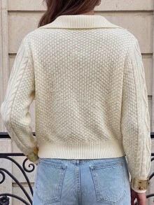 EMERY ROSE Cable Knit Half Zip Sweater,Long Sleeve Tops Knit Pullover Fall Winter - White - View 2