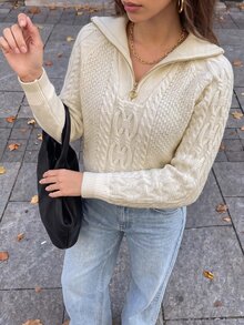 EMERY ROSE Cable Knit Half Zip Sweater,Long Sleeve Tops Knit Pullover Fall Winter - White - View 4
