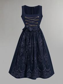 Fairmaia Button Chain Jacquard Beer Festival Dress - Navy Blue - View 7