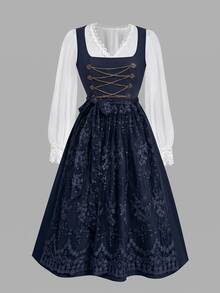 Fairmaia Button Chain Jacquard Beer Festival Dress - Navy Blue - View 9