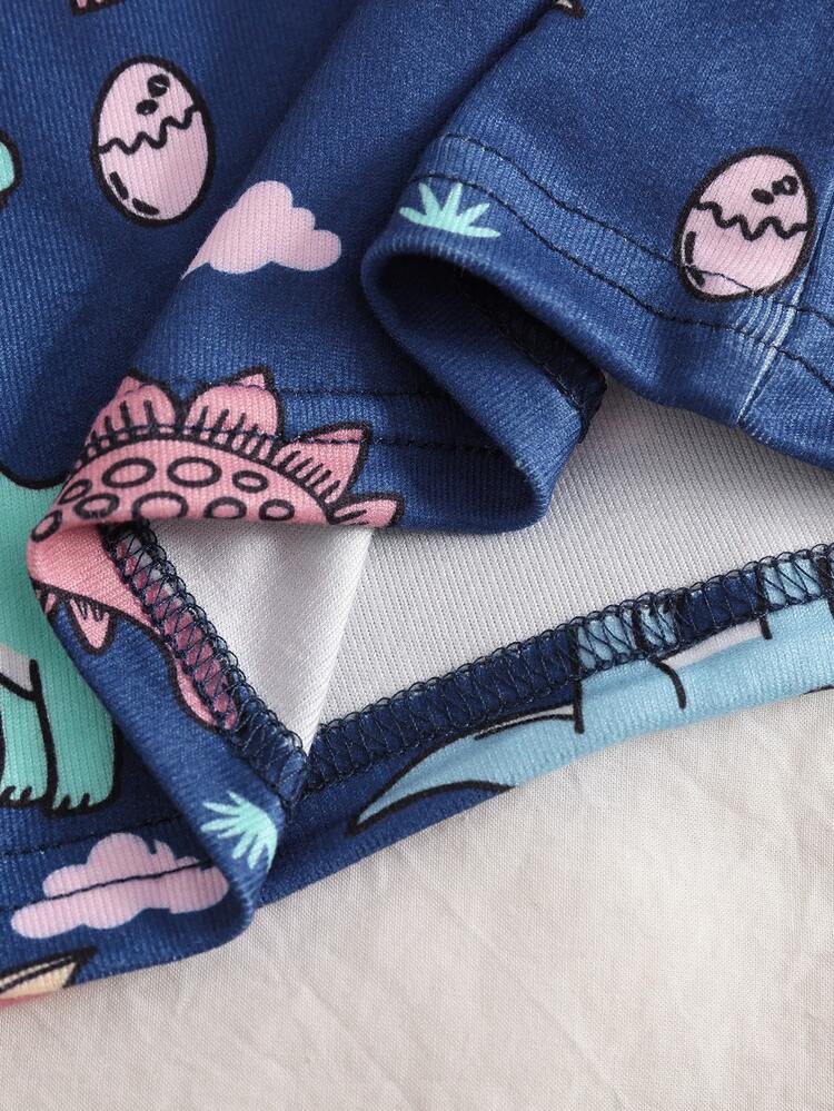 SHEIN Snug Fit Pajama Set For Baby Boys, Long Sleeve Top And Pants, Comfortable Fabric, Cute Cool Dinosaur Print, Suitable For Handsome Boys Who Love Adventure, Home Wear Sleepwear Loungewear - Navy Blue - View 7