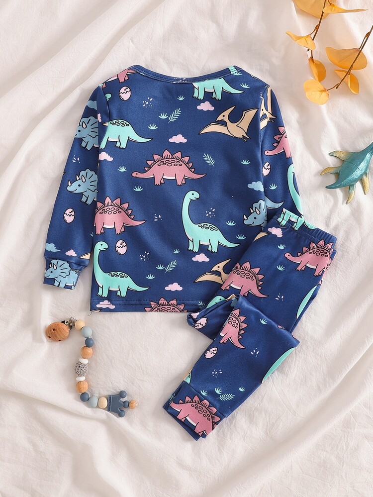 SHEIN Snug Fit Pajama Set For Baby Boys, Long Sleeve Top And Pants, Comfortable Fabric, Cute Cool Dinosaur Print, Suitable For Handsome Boys Who Love Adventure, Home Wear Sleepwear Loungewear - Navy Blue - View 4
