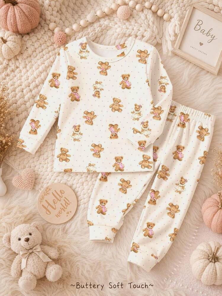 Baby Girls Casual Minimalist Retro Polka Dot Cartoon Fairy Tale Town Bear Pattern Short Sleeve Long Pants Brushed Ribbed Fabric Loungewear Set Pajama Set Suitable For Autumn/Winter Snug Fit, Healing Warm Autumn, Dreamy Winter, Lazy Sweet Girl Home, Girly Style - Multicolor - View 2