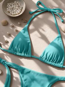 SHEIN Swim Sexy Mini Cup Bowknot Strap Women Swimwear Set - Mint Green - View 3