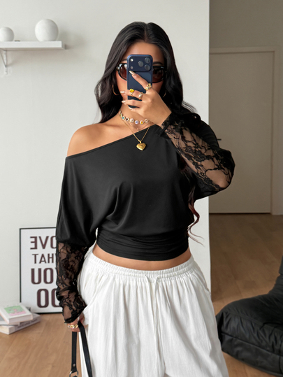 Coolane Women Plus Size Fall Winter Elegant Vintage Formal Streetwear Casual Asymmetric Shoulder Contrast Lace Long Sleeve Black T-Shirt