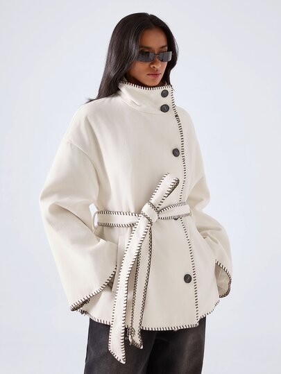 LYSMO Women's Drop Shoulder Long Sleeve Single-Breasted Casual Elegant Overcoat Everyday Travel Cream White Winter Autumn Outfits For Women