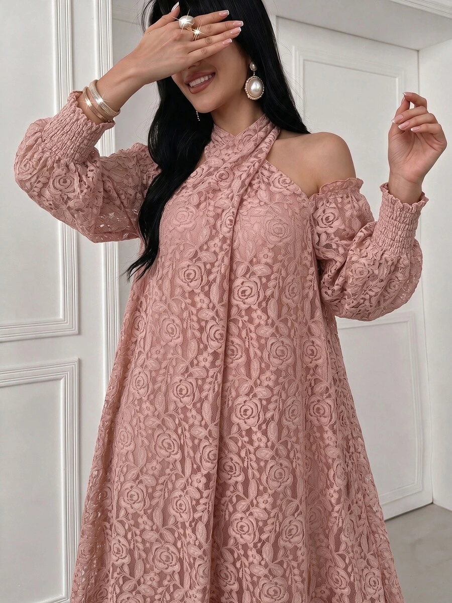 Al Najma 女款粉色編織蕾絲扭結掛脖蘑菇鈕扣長袖優雅浪漫阿拉伯風洋裝