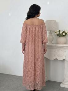 Al Najma 女款粉色編織蕾絲扭結掛脖蘑菇鈕扣長袖優雅浪漫阿拉伯風洋裝 - 粉色 - 查看 3