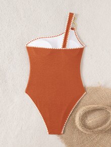 Swim Chiccia One-Piece Swimsuit, Asymmetrical Neckline, Scrunch Fabric & White Crochet Trim, Summer Beach Vacation Essential - Brown - View 2