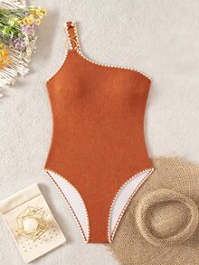 Swim Chiccia One-Piece Swimsuit, Asymmetrical Neckline, Scrunch Fabric & White Crochet Trim, Summer Beach Vacation Essential - Brown - View 5