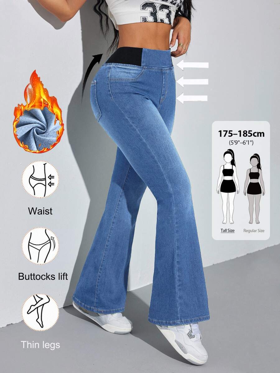 SHEIN Tall 女款高腰休閒牛仔褲 秋冬休閒正式 Y2K 百搭萬用 萬聖節節慶派對健身房 高彈力 藍色 高個子 女教師穿搭 - 藍色 - 查看 1