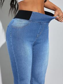 SHEIN Tall 女款高腰休閒牛仔褲 秋冬休閒正式 Y2K 百搭萬用 萬聖節節慶派對健身房 高彈力 藍色 高個子 女教師穿搭 - 藍色 - 查看 7