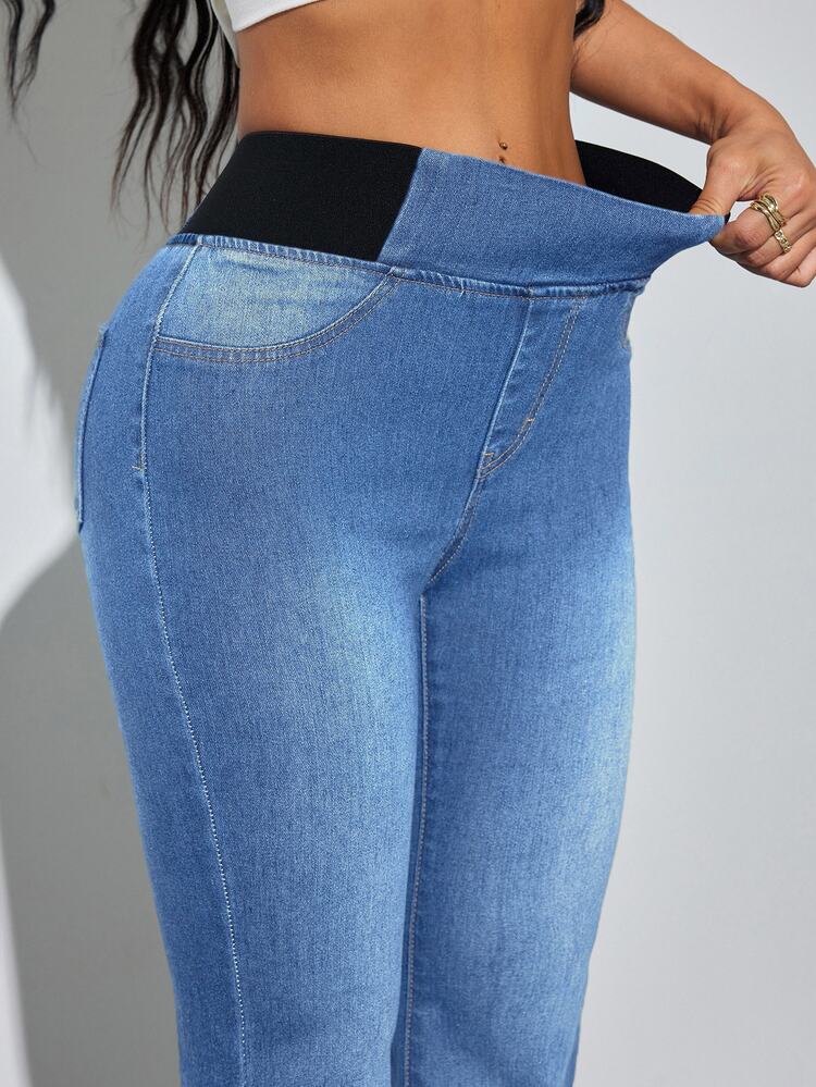 SHEIN Tall Women's High Waist Casual Jeans Fall/Winter Casual Formal Y2K All-Match Halloween Festival Party Gym High Stretch Blue Tall Teacher Outfits For Women - Blue - View 7