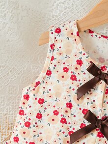 SHEIN Elladie kids 女童新款清新田園風精緻碎花兩件套，粉色蝴蝶結裝飾無袖背心上衣 + 粉色紋理布料寬腿長褲，甜美可愛時尚休閒套裝，夏季 - 棕色 - 查看 10