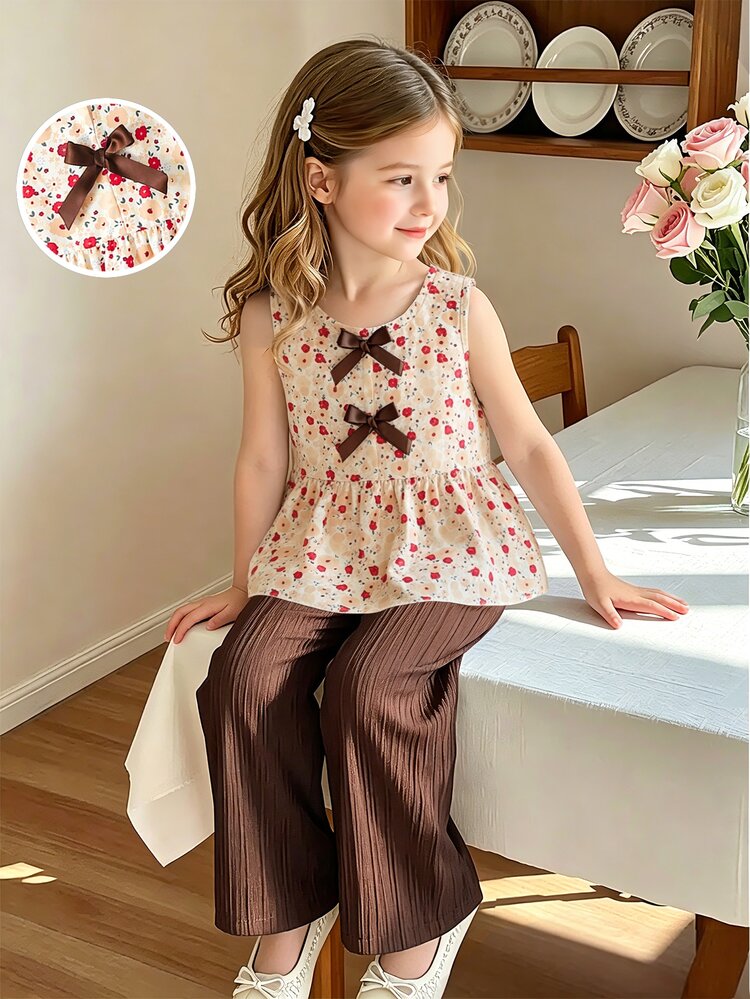 SHEIN Elladie kids 女童新款清新田園風精緻碎花兩件套，粉色蝴蝶結裝飾無袖背心上衣 + 粉色紋理布料寬腿長褲，甜美可愛時尚休閒套裝，夏季 - 棕色 - 查看 4