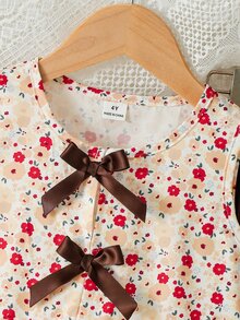 SHEIN Elladie kids 女童新款清新田園風精緻碎花兩件套，粉色蝴蝶結裝飾無袖背心上衣 + 粉色紋理布料寬腿長褲，甜美可愛時尚休閒套裝，夏季 - 棕色 - 查看 8