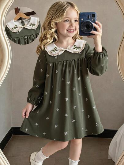 Playful Pals Young Girl Elegant Cute Peter Pan Collar Lace Patchwork Bow Embroidered Floral Long Sleeve Dress,Avocado Green,Summer,Family Matching,Back To School