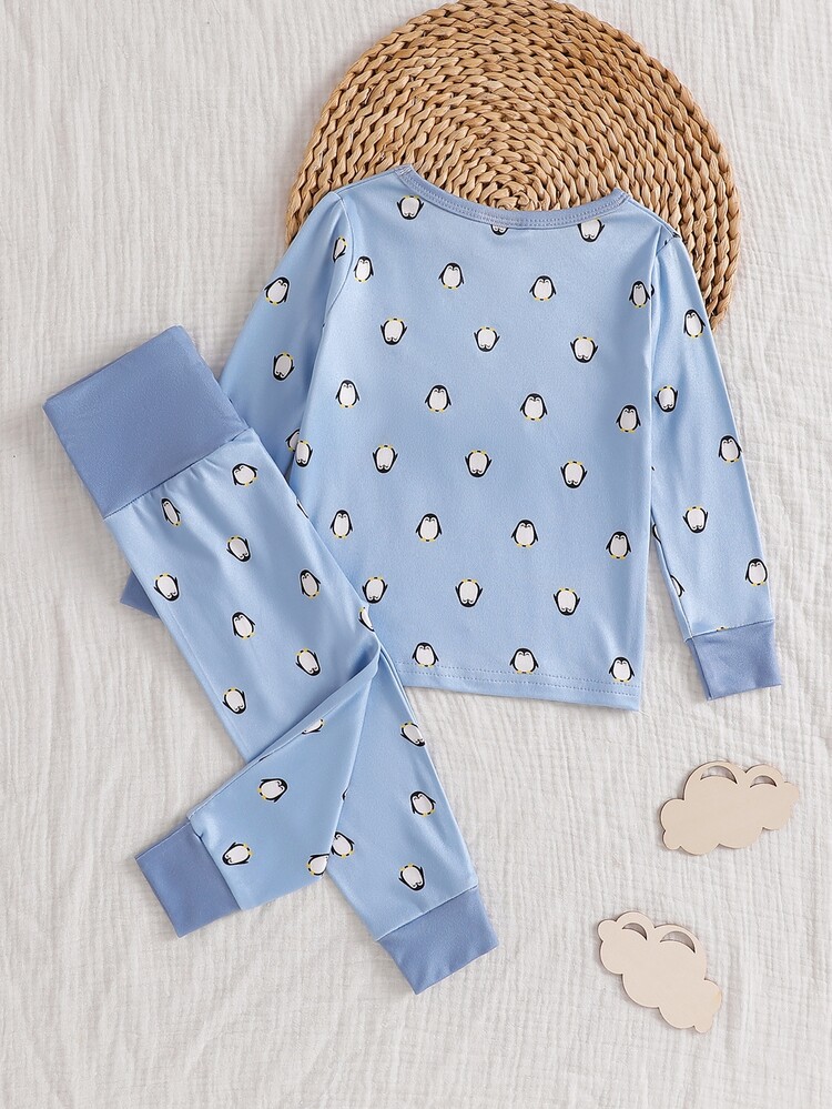 SHEIN Snug Fit Pajama Set For Baby Boys, Long Sleeve Top And Pants, Cute Penguin Print, Comfortable Fabric, Simple Daily Wear, Handsome Boy Home Loungewear Sleepwear - Dusty Blue - View 2