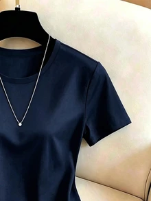 GlowEve Women's Solid Color Round Neck Short Sleeve Contrast Lace Asymmetric Hem T-Shirt - Navy Blue - View 3