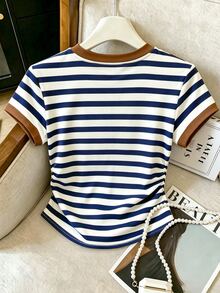 Franclia Women's Striped Short Sleeved T-Shirt With Printed With New York Letters Foaming Process ,College Style Autumn New Top,Casual Pretend,Gift For Friends - Multicolor - View 2