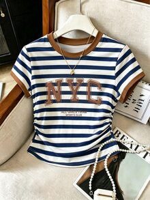Franclia Women's Striped Short Sleeved T-Shirt With Printed With New York Letters Foaming Process ,College Style Autumn New Top,Casual Pretend,Gift For Friends - Multicolor - View 3