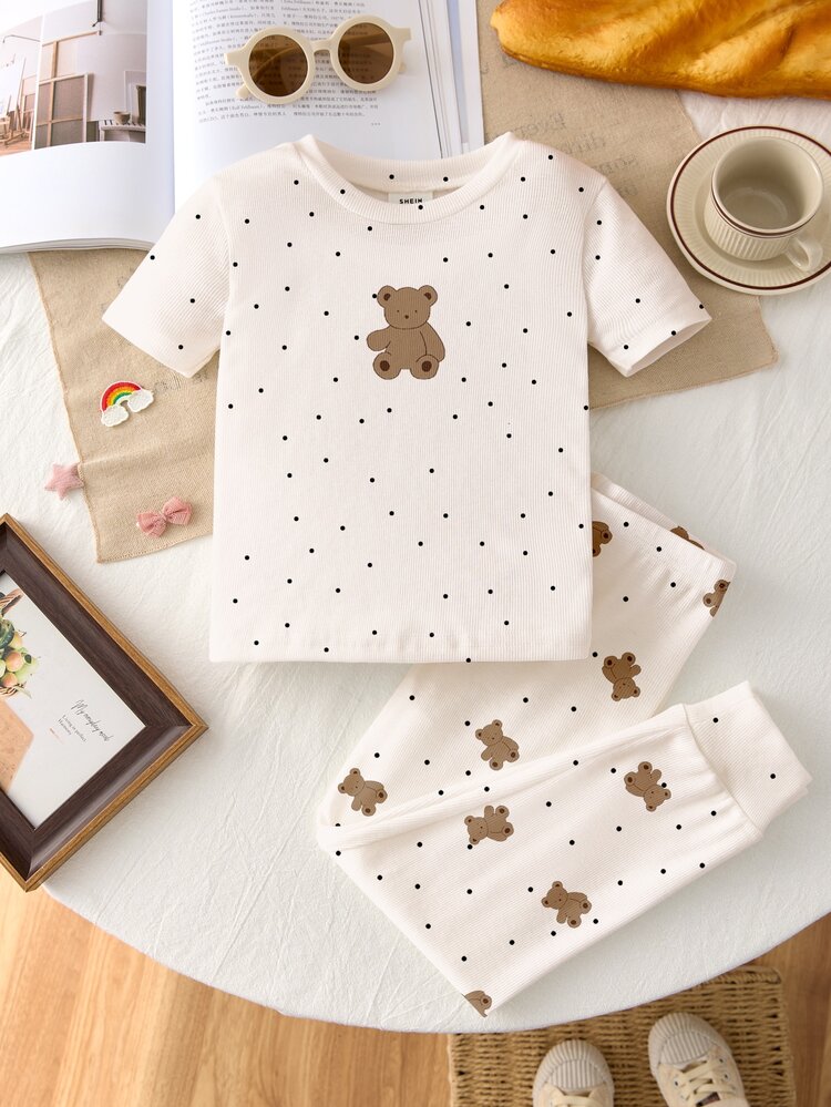Young Girls Casual Minimalist Vintage Polka Dot Cartoon Fairy Tale Bear Pattern Short Sleeve Long Pants Brushed Ribbed Fabric Loungewear Set Pajama Set Suitable For Autumn/Winter Snug Fit, Healing Warm Autumn, Dreamy Winter, Lazy Sweet Girl Home Wear, Girly Style - Multicolor - View 3