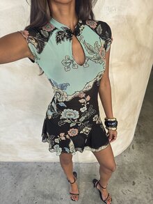 Aloruh 復古波希米亞新中式黑色盤扣印花網紗修身迷你洋裝 - 彩色 - 查看 7