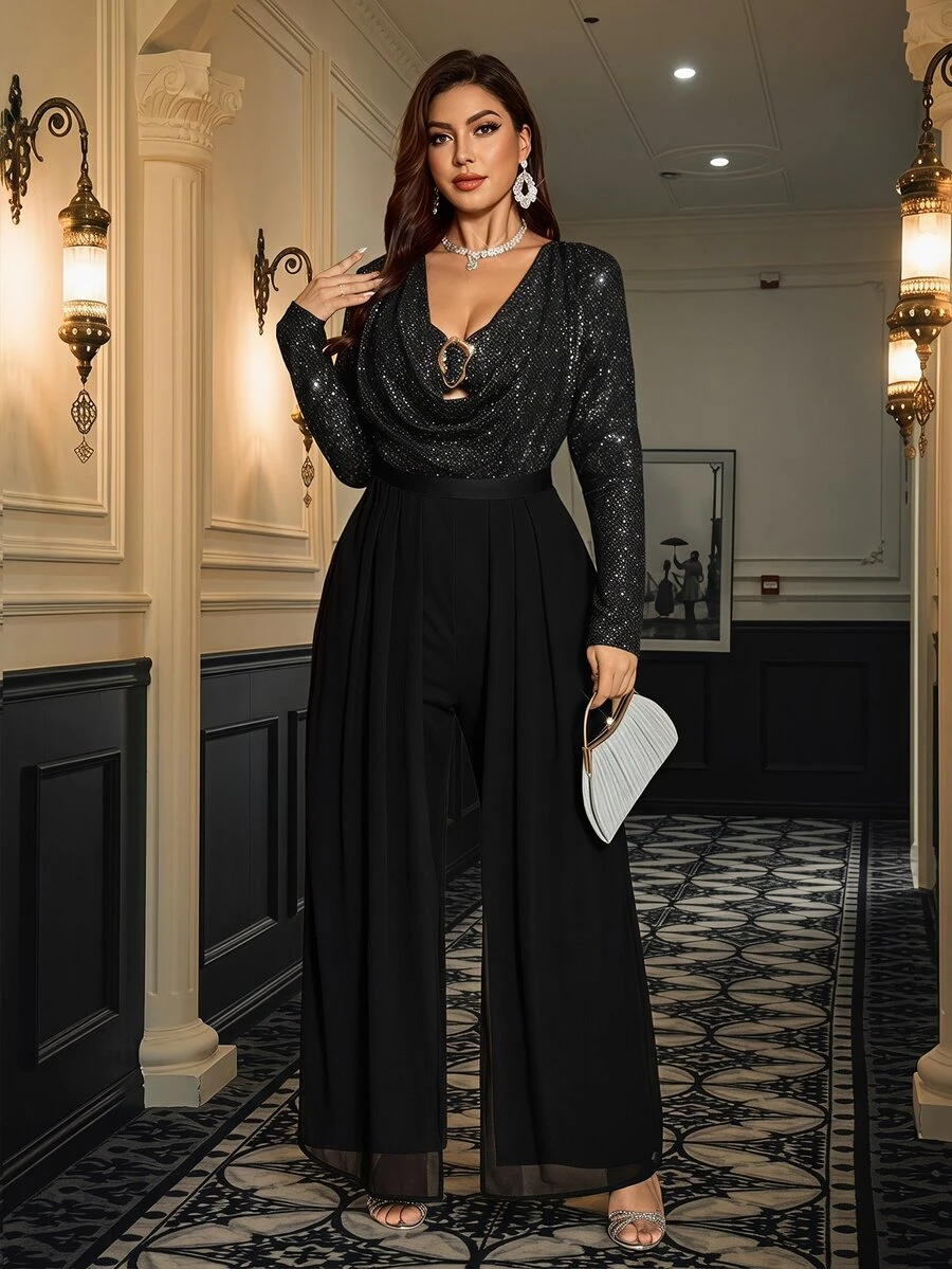 SHEIN Clasi Plus Size Women's Metal Decor Colorblock Casual Everyday Jumpsuit - Black - View 1