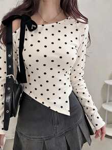 FRIFUL Women's Polka Dot Print Asymmetrical Collar Slim Fit T-Shirt Fall - Beige - View 1