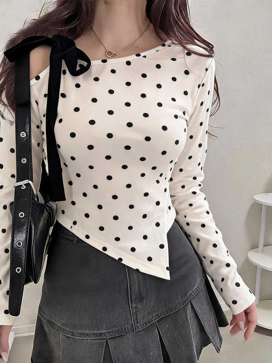 FRIFUL Women's Polka Dot Print Asymmetrical Collar Slim Fit T-Shirt Fall - Beige - View 1