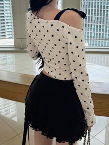 FRIFUL Women's Polka Dot Print Asymmetrical Collar Slim Fit T-Shirt Fall - Beige - View 2