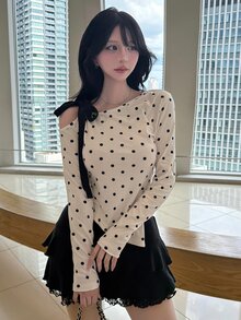 FRIFUL Women's Polka Dot Print Asymmetrical Collar Slim Fit T-Shirt Fall - Beige - View 4