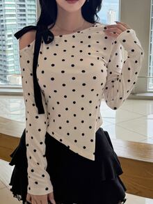 FRIFUL Women's Polka Dot Print Asymmetrical Collar Slim Fit T-Shirt Fall - Beige - View 9