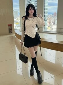 FRIFUL Women's Polka Dot Print Asymmetrical Collar Slim Fit T-Shirt Fall - Beige - View 3