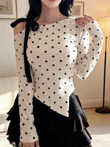 FRIFUL Women's Polka Dot Print Asymmetrical Collar Slim Fit T-Shirt Fall - Beige - View 8