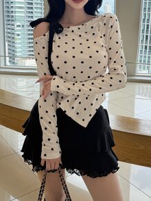 FRIFUL Women's Polka Dot Print Asymmetrical Collar Slim Fit T-Shirt Fall - Beige - View 5