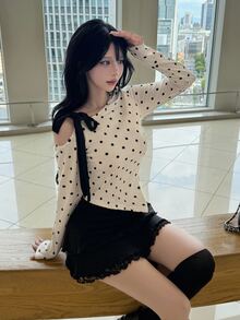 FRIFUL Women's Polka Dot Print Asymmetrical Collar Slim Fit T-Shirt Fall - Beige - View 6