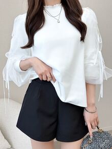 FRIFUL Women's Solid Color Frill Trim Stand Collar Knotted Cuff Long Sleeve T-Shirt Fall - White - View 3