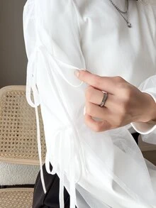 FRIFUL Women's Solid Color Frill Trim Stand Collar Knotted Cuff Long Sleeve T-Shirt Fall - White - View 5