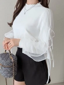 FRIFUL Women's Solid Color Frill Trim Stand Collar Knotted Cuff Long Sleeve T-Shirt Fall - White - View 1