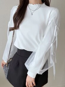 FRIFUL Women's Solid Color Frill Trim Stand Collar Knotted Cuff Long Sleeve T-Shirt Fall - White - View 7