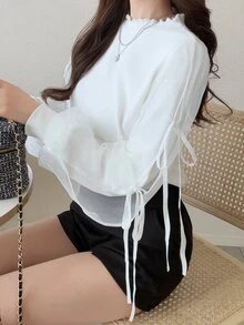 FRIFUL Women's Solid Color Frill Trim Stand Collar Knotted Cuff Long Sleeve T-Shirt Fall - White - View 8