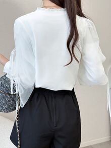 FRIFUL Women's Solid Color Frill Trim Stand Collar Knotted Cuff Long Sleeve T-Shirt Fall - White - View 2