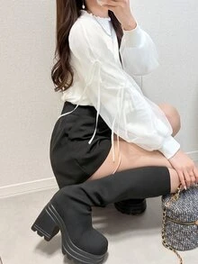 FRIFUL Women's Solid Color Frill Trim Stand Collar Knotted Cuff Long Sleeve T-Shirt Fall - White - View 4