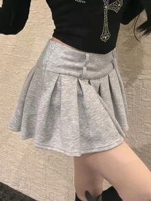 FRIFUL Rok Lipit Kasual Wanita Warna Polos dengan Resleting Samping untuk Musim Gugur - Grey - View 9