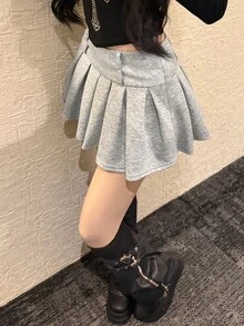 FRIFUL Rok Lipit Kasual Wanita Warna Polos dengan Resleting Samping untuk Musim Gugur - Grey - View 6