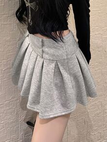 FRIFUL Rok Lipit Kasual Wanita Warna Polos dengan Resleting Samping untuk Musim Gugur - Grey - View 5