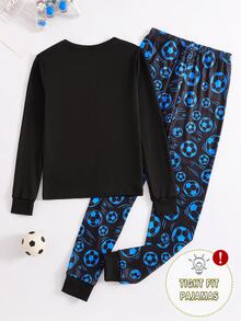 Boys' Black & Blue Fashionable Soccer Print Long Sleeve Snug Fit Lounge Set, Home Wear - Black - View 2