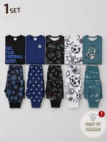Boys' Black & Blue Fashionable Soccer Print Long Sleeve Snug Fit Lounge Set, Home Wear - Black - View 1